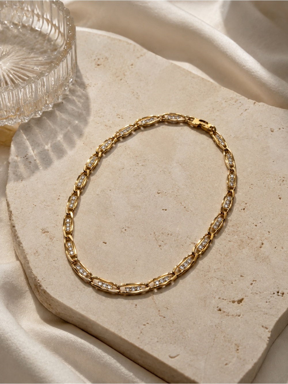 Vintage Gold Chain Link Necklace with Crystal Accents - Women's Jewelry